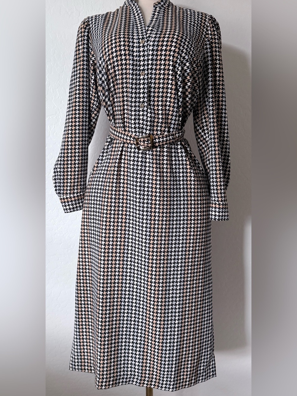 Ann Taylor Houndstooth Belted Midi Dress Size 12 Long Sleeve Career